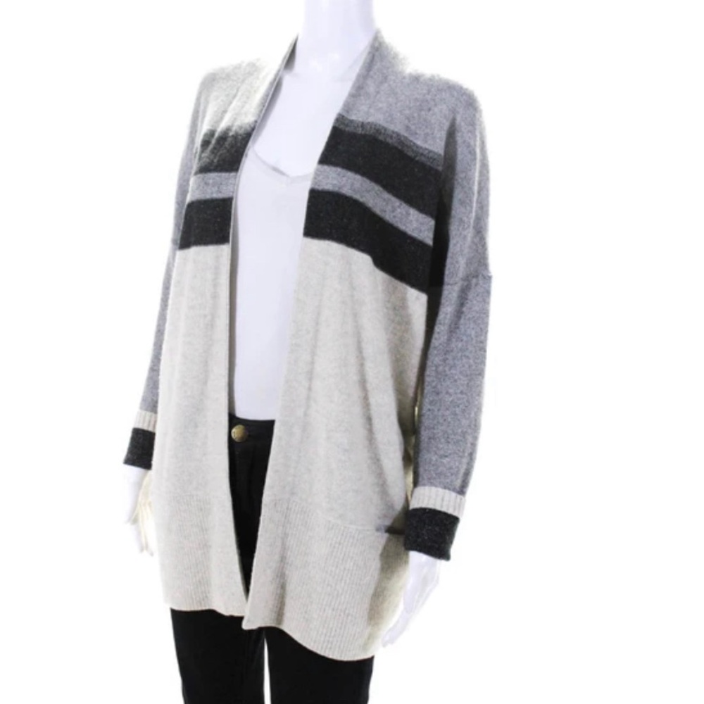 Vince Long Sleeve Open Front Striped Cardigan Sweater in Grey